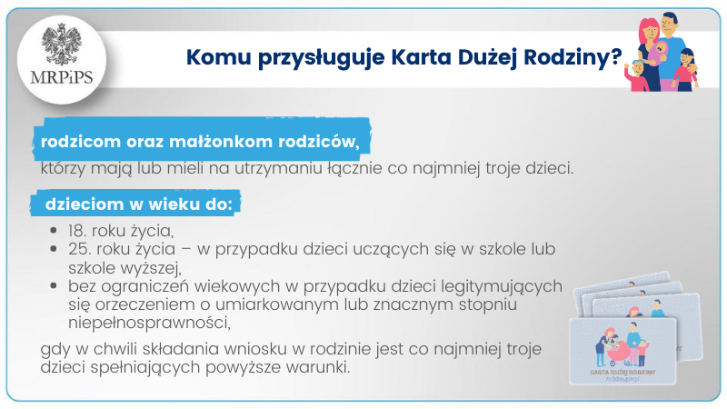 MRPiPS_GOV__PL's tweet photo. 👨👩👧👦Karta Dużej Rodziny to system zniżek dla rodzin 3+ zarówno w instytucjach publicznych, jak i w firmach prywatnych. Komu przysługuje #KDR❓#Rodzina #KartaDużejRodziny #mKDR https://t.co/fXldqESHti