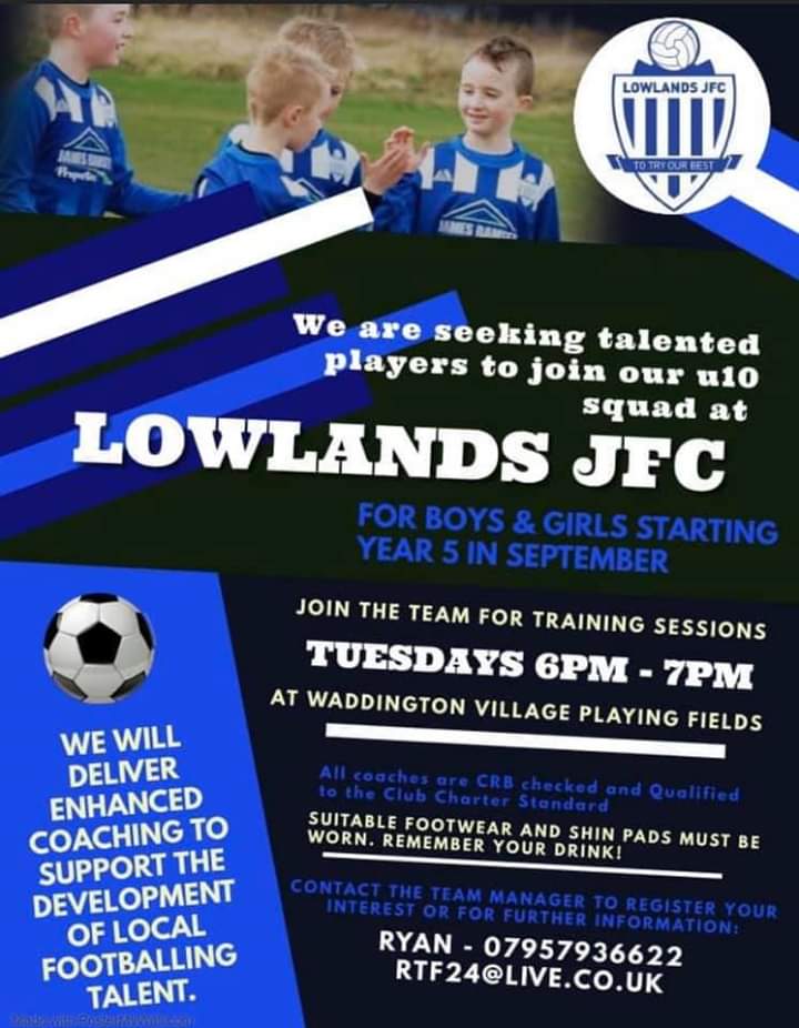 LowlandsJFC's tweet photo. As the McVities advert used to say: Join Our Club! We have spaces in our Under 10s (see poster) and our Under 13s (train from 7-8pm on Wednesdays). Get in touch! ⚽️🔵⚪ https://t.co/zRsQVBRB1K