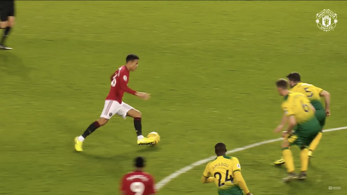 This is better shown versus Norwich, where Greenwood actually makes two touches to further excentuate the angle he can create a shooting chance from.Still 4 shows the final shooting position and the ability Greenwood has to open up a corner to shoot into with his double touch.