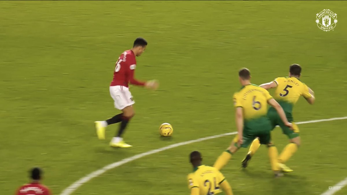 This is better shown versus Norwich, where Greenwood actually makes two touches to further excentuate the angle he can create a shooting chance from.Still 4 shows the final shooting position and the ability Greenwood has to open up a corner to shoot into with his double touch.