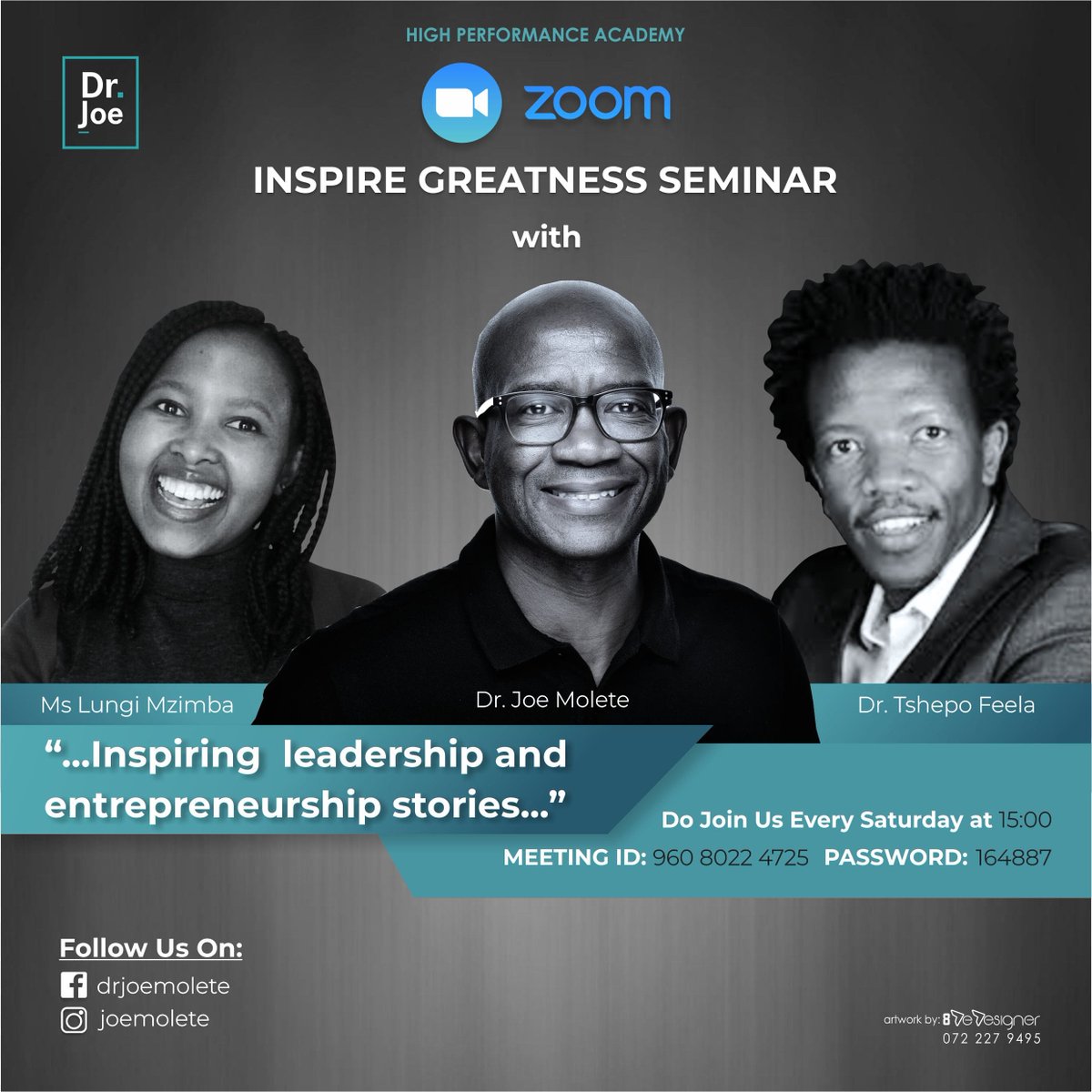 drjoemolete's tweet photo. Another great Zoom Inspiring Greatness episode this coming Saturday, 25 July, at 15:00 with Lungi and Tshepo. You may learn some ideas on how to take your business to the next level.
Meeting ID: 960 8022 4725
Password: 164887 https://t.co/IT4fM8DPCB