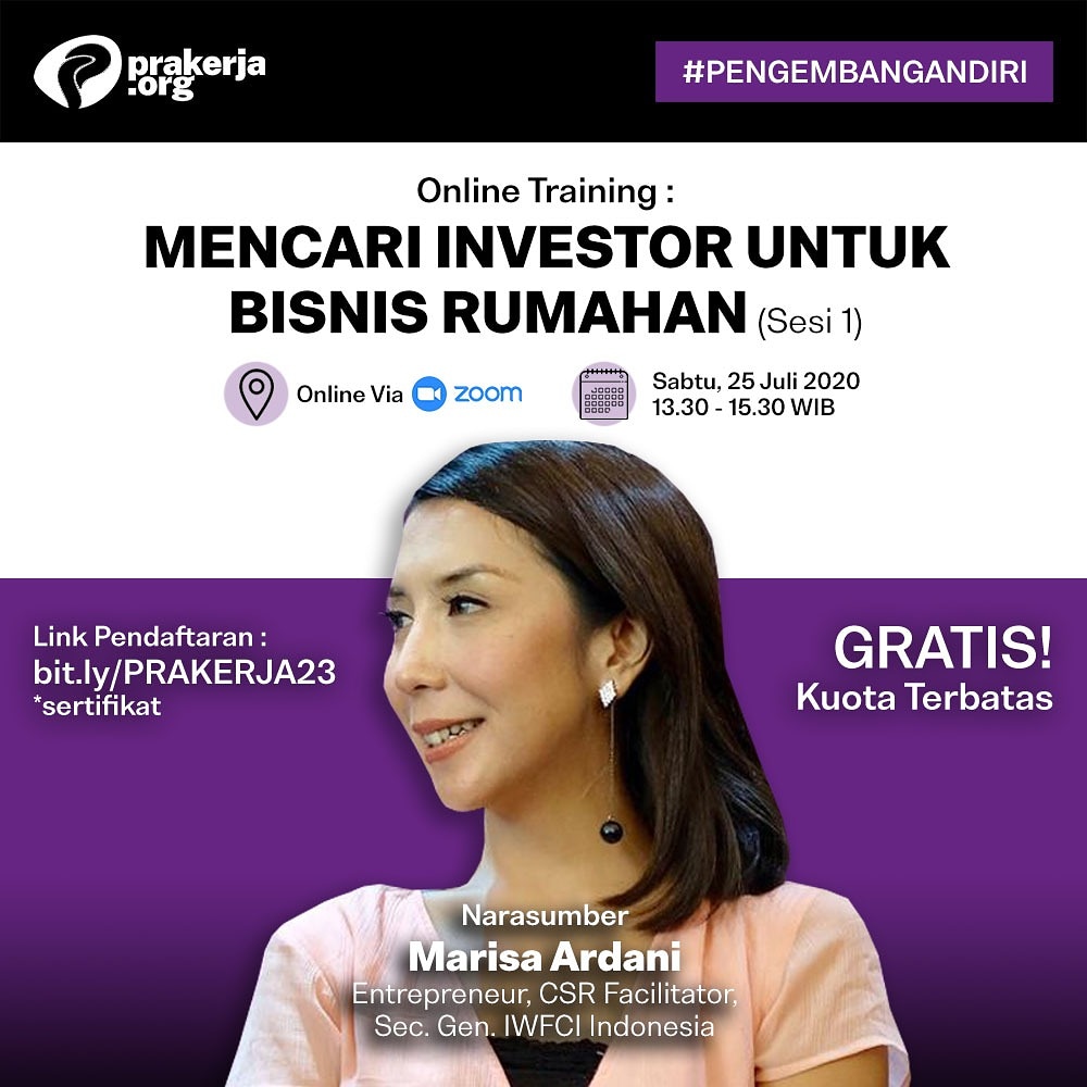 PRAKERJAorg's tweet photo. #LIVETRAINING 
MENCARI INVESTOR UNTUK BISNIS RUMAHAN

Sesi 1: Rencana Bisnis

Narasumber: Marisa Ardani (Entrepreneur, CSR Facilitator, Sec.Gen. IWFCI Indonesia)

Sabtu, 25 Juli 2020. 13:30 - 15:00 WIB

Daftar di: https://t.co/JLcAgal0pU

#investor #pitching  #bisnisrumahan #umkm https://t.co/B10OGVoqOh