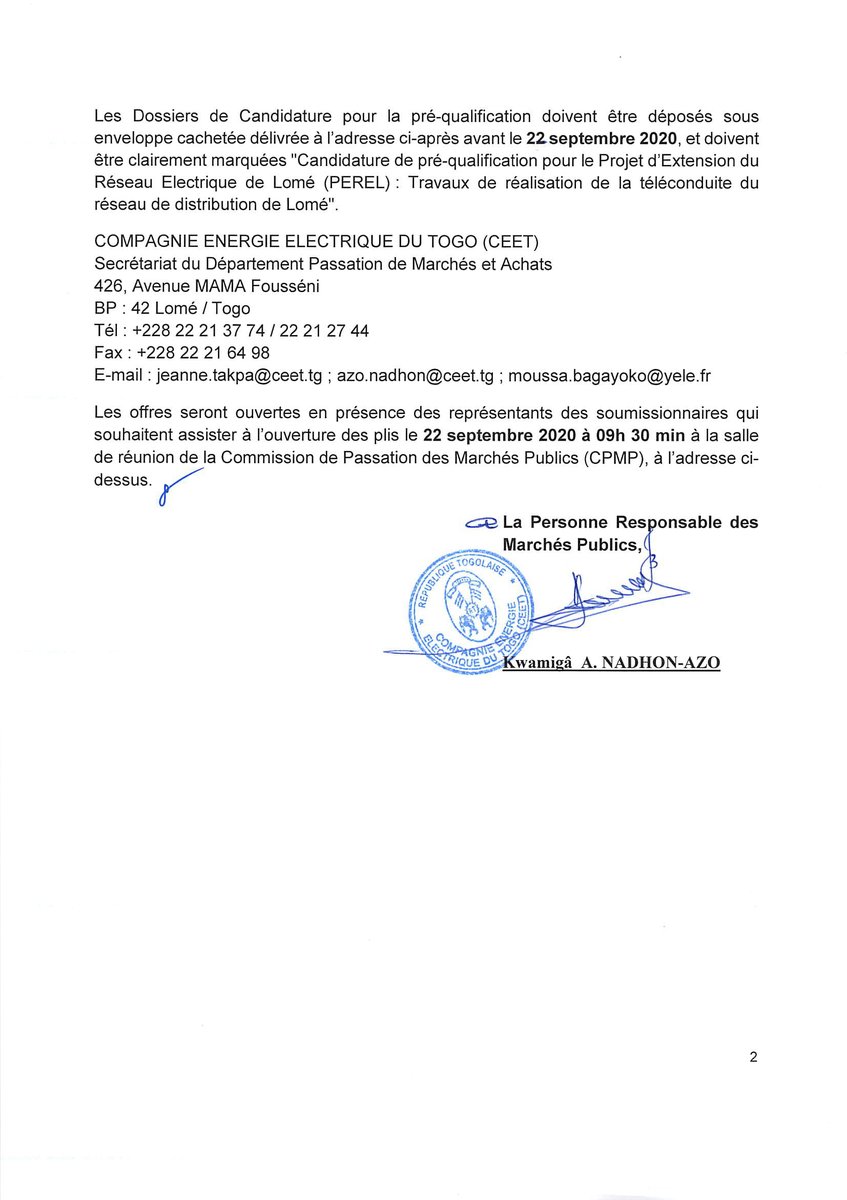 Avis de Pré-qualification N°011/DEP/PRMP/DG/CEET/2020 [Fourniture et mise en place d’outils de téléconduite au sein du BCC de la CEET du Projet PEREL. #CEET #Energie #Tginfo