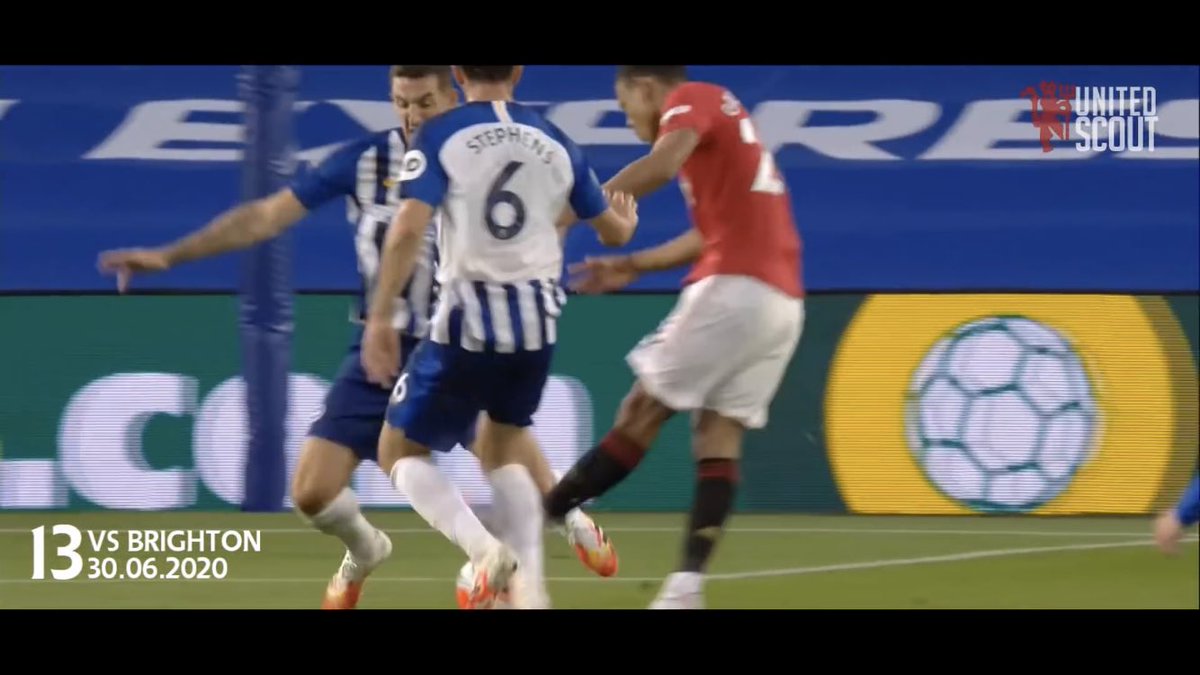 Versus Brighton: notice how slow the keeper is to react. This is a culmination of Greenwood’s speed of shooting after the touch, the shot through the defenders legs, and the power of the shot.