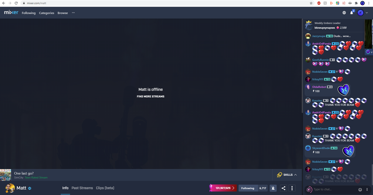 KevimationMixer's tweet photo. Can someone tell me how I was just the last ever Raid on @MattSalsamendi 's @WatchMixer stream! Thanks for this moment I can now be proud of! Thanks for all you did! #OneLastRaid #KevRaid #BeamLove See you on the flip side buddy! https://t.co/9FysezuZib