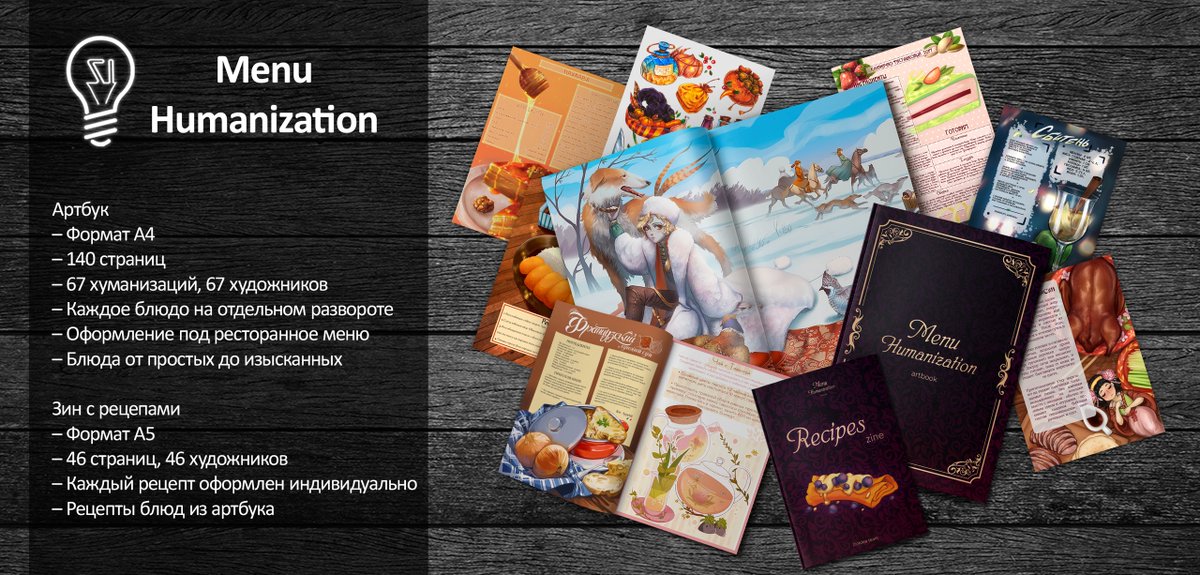 zinidea_vk's tweet photo. Открыты предзаказы на Menu Humanization Artbook
🥞67 художников, 134 страницы артов с хуманизациями
🥞Оформление под ресторанное меню
🥧46 художников нарисовали краткие рецепты к блюдам из артбука
Подробнее в группе https://t.co/a25DiqZQ0m
#Menu_Artbook #Artbook #Humanization https://t.co/aNG1JC9INi