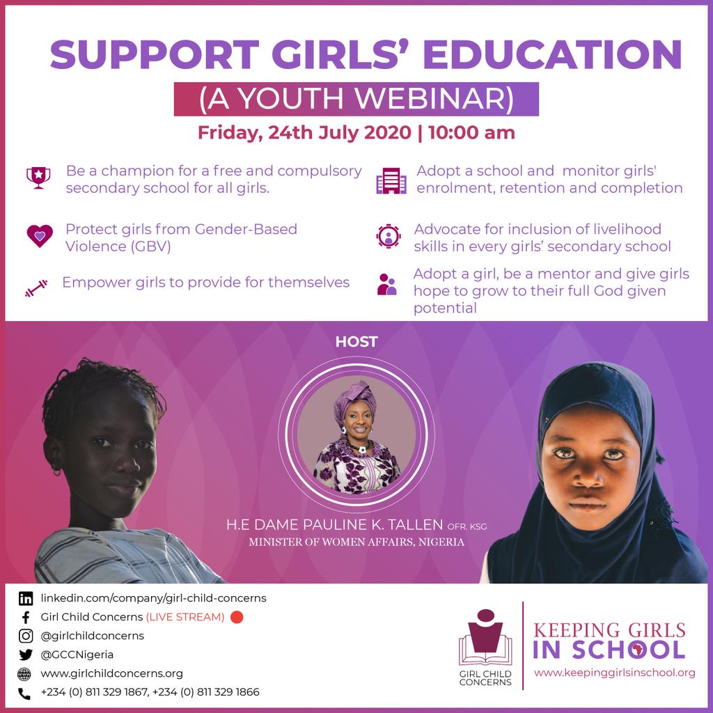 Please join us as we discuss on the centrality of Girls' Education in Africa's future (A Youth Webinar) and how we can contribute in our own unique spaces

Time: Friday Jul 24, 2020 10:00AM WAT

Register in advance for this Webinar:
us02web.zoom.us/meeting/regist… 

Cc <a href="/DrMairoMandara/">Mairo Mandara MBBS, FWACS, FFPH UK , FoE</a>