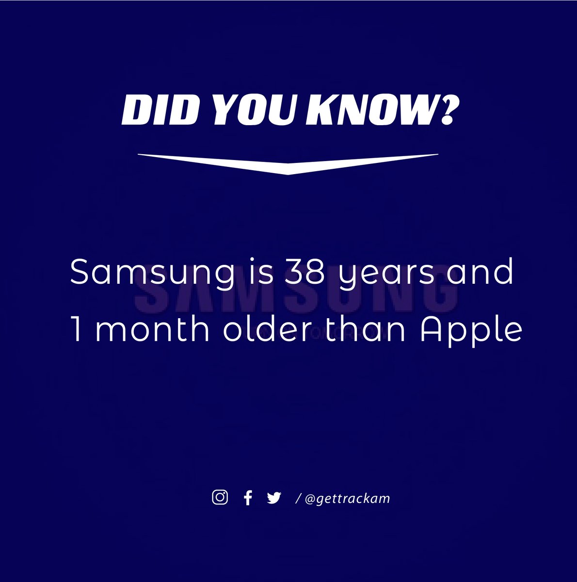 gettrackam's tweet photo. Its the last day of the month...so let's close it out with a fun fact
.
Samsung was founded as a grocery store on March 1, 1938, by Lee Byung-Chull.
Apple Founders Steve Jobs and Steve Wozniak created Apple Computer Inc. on April 1, 1976
.
#GetTrackAm https://t.co/JK8tbSmXKv