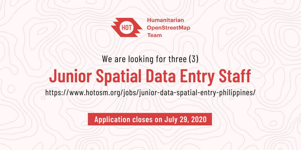 We are looking for three (3) Junior Spatial Data Entry Staff to be based in Pampanga. The JSDEs are responsible for collecting and inputting data in the municipalities of Pampanga through OpenStreetMap (OSM). Apply via bit.ly/32IFZGh by July 29, 2020. #OpenStreetMap #OSM