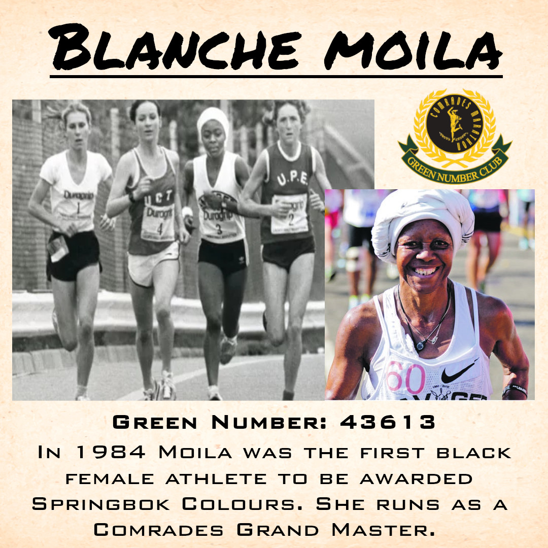 ComradesRace's tweet photo. #TBT Blanche Moila: βI did not choose running as a sport, running chose me.β Blanche is a running legend in SA. She was the 1st black female athlete to be awarded Springbok colours in 1984. She ran her 1st Comrades in 1993 and has run 21 Comrades to date. #GreenNumberClub https://t.co/lP2Jrj1GsP