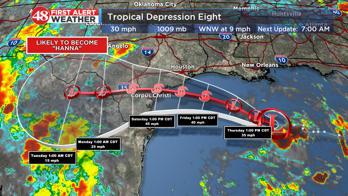 wxSpinner89's tweet photo. The tropics are becoming open for business. TS #Gonzalo formed yesterday over the Atlantic &amp; will likely become our 1st Atlantic based hurricane in 2020. Tropical Depression Eight over the gulf will likely become #Hanna by Friday.  #TXwx #GulfWeather #WAFF48 https://t.co/SBKwr1vdUK