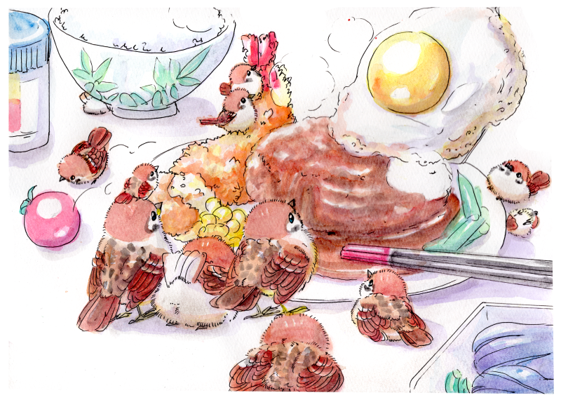 「目玉焼きだー✨
#イラスト #鳥 #アナログ #スズメ 」|クレイン🌸のイラスト