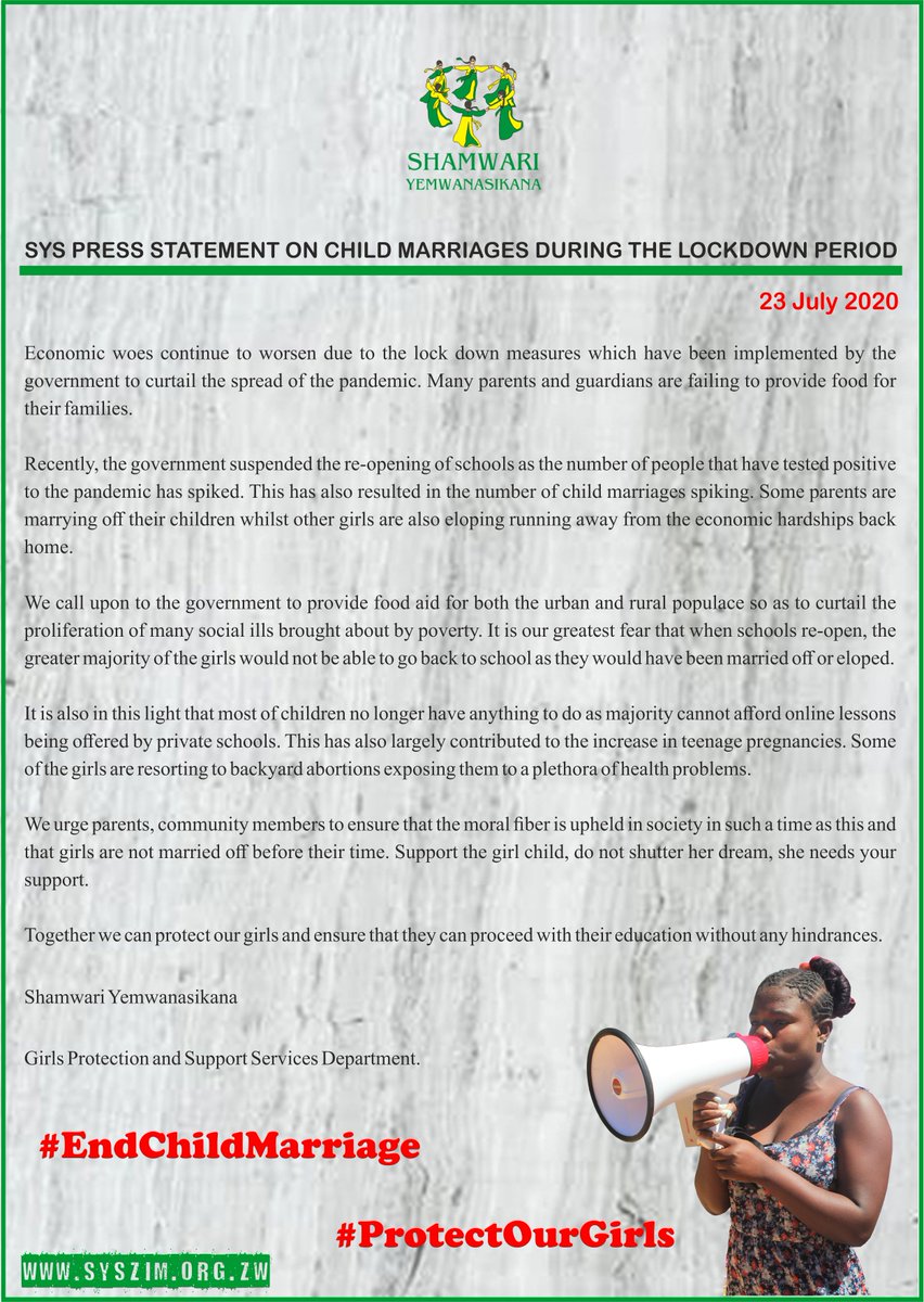 ShamwariyeMwana's tweet photo. We note with worry the increase in cases of child marriages and teen pregnancies since the beginning of the #LockDown period. Read more in our press statement
#EndChildMarriages
#ProtectOurGirls https://t.co/dnjnLan4nC