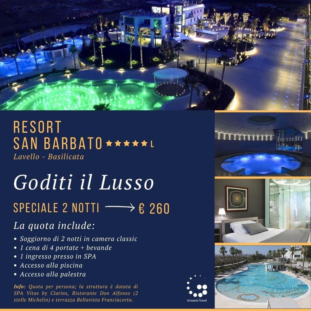 GiroautoT's tweet photo. 🥂 SPECIALE 2 NOTTI LUXURY 🥂

💎 Resort San Barbato SPA &amp; Golf 5 Stelle Lusso

😳 Una struttura spettacolare nel cuore della Basilicata con Ristorante Don Alfonso (2 stelle Michelin), SPA Vitas by Clarins e Terrazza Bellavista Franciacorta. Pacchetto speciale 2 notti (anche WE) https://t.co/ZQm6OIDk9s