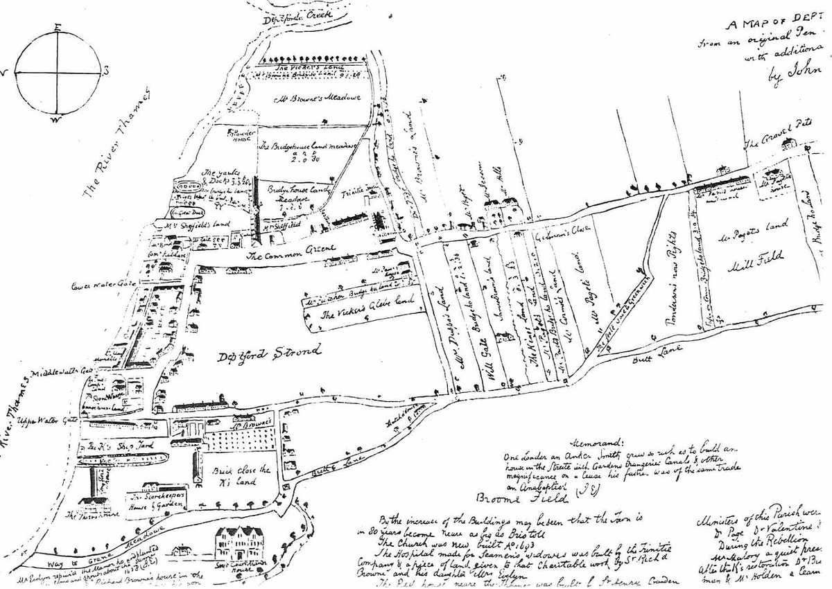 Deptford’s maritime and shipbuilding history goes back to the formation by Henry VIII of a dockyard here is 1513, a year after the one at Woolwich. The dockyard was built in the area around Deptford Strand and can be seen in this map owned John Evelyn from 1623  #LockdownLowTide