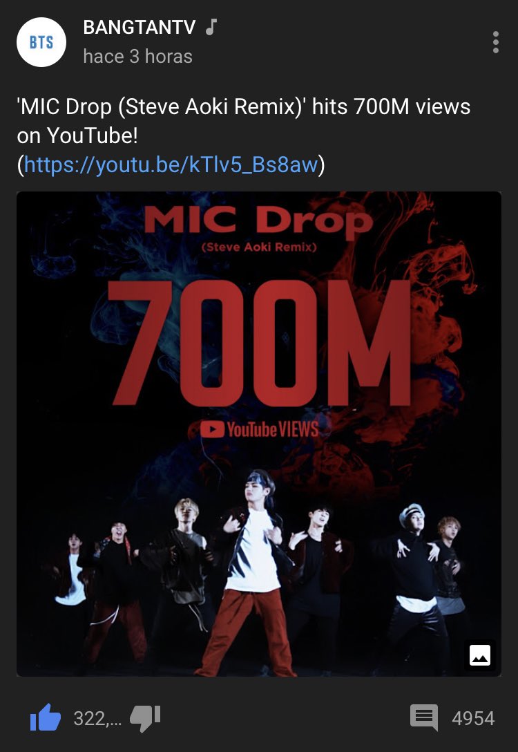 WOAS_chart's tweet photo. #micdrop700m POSTER 

@BTS_twt is  the first Korean act in YouTube history to have 5 music videos surpassed this milestone 🔥 https://t.co/rVVWnr7PFx