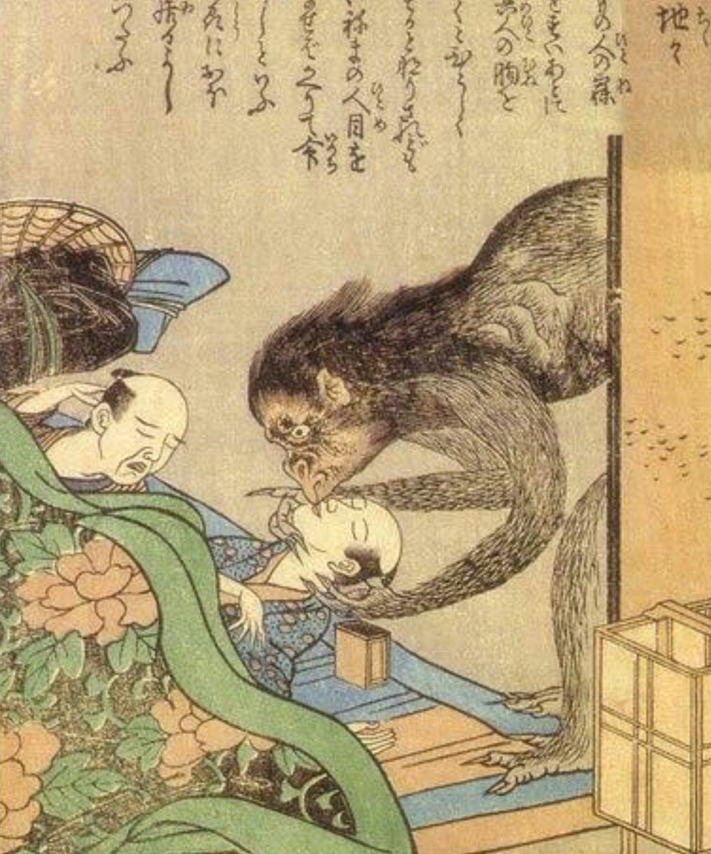 Very long-lived bats can transform into yokai called yamachichi. This pointy-faced monster visits people when they are sleeping & sucks the life force from their mouth before tapping them on the chest, causing them to die the very next day.3/4 #FolkloreThursday  #yokai