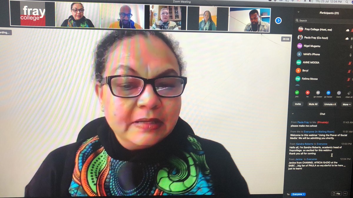 fraycollege's tweet photo. #socialmediawebinar has begun! 
@paulafray announces our exciting lineup. Today we are joined by @Lee_Simz, @fatimamoosa17, @SirNige and @MbeleTshidi

#socialmedia #Covid_19 #Webinars https://t.co/AGCtqbxWw9