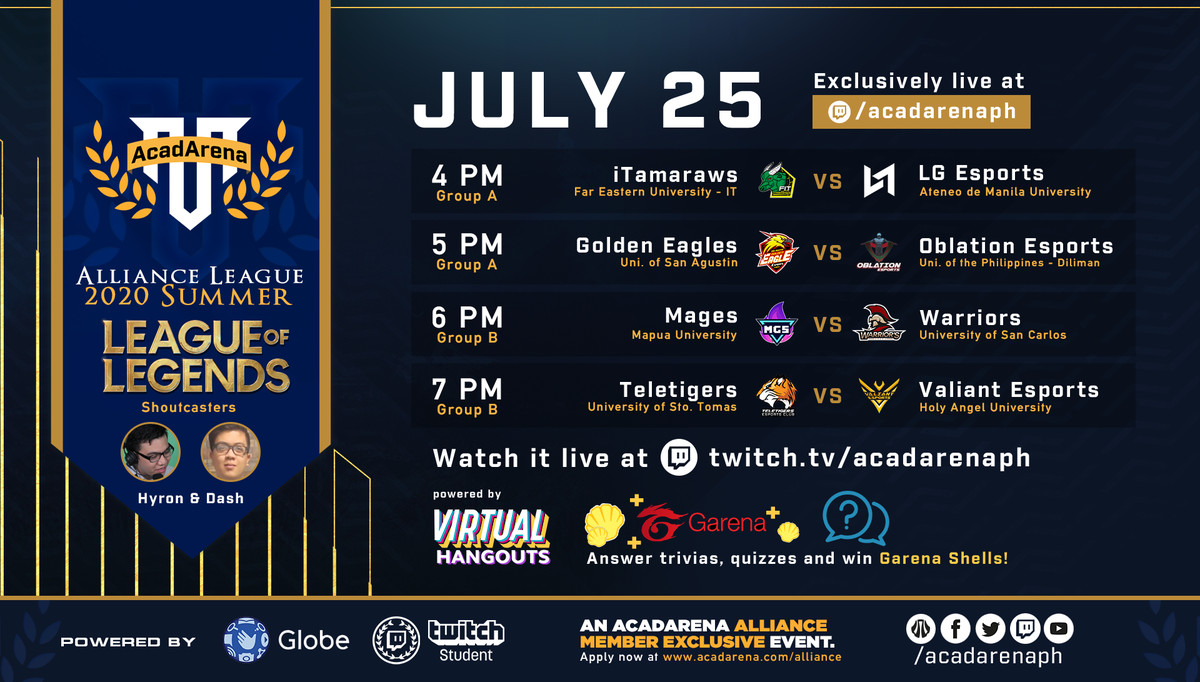 acadarena's tweet photo. #AllianceLeague2020 Summer LoL begins! Watch the Campus Esports Action this Saturday at 4PM LIVE at https://t.co/EU6WpS7S6m
What are your predictions?
#FITWin or #LGWin
#USAWin or #UPDWin
#MGSWin or #USCWin
#TGRWin or #HAUWin
#AcadArena
#AllForOne
#GlobePrepaidVirtualHangouts https://t.co/ubQu3JpNqh
