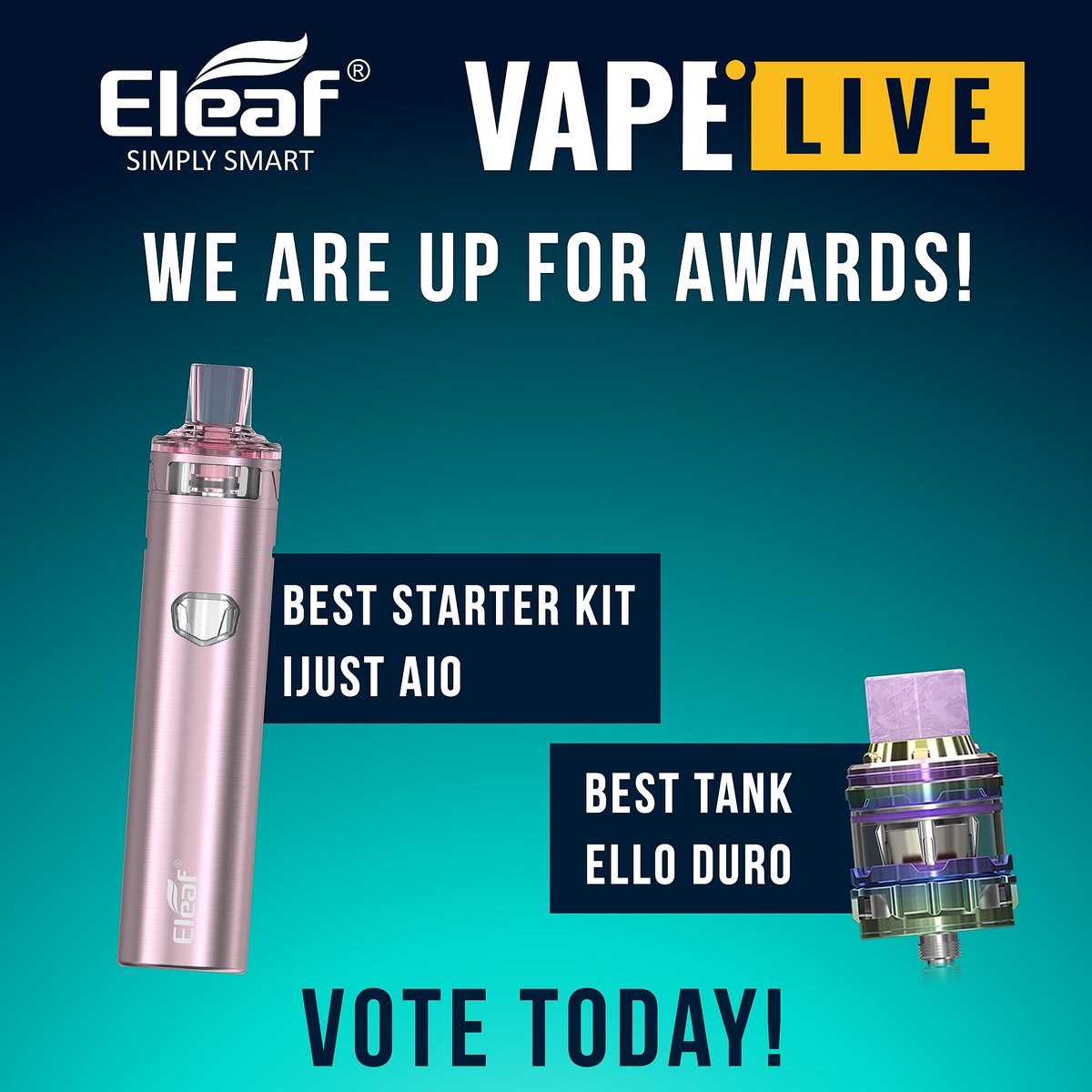 We are up for awards! 

iJust AIO - Best Starter Kit  
Ello Duro Tank - Best Tank!

We would love you to show us your support and head over to voxpo-event.com/vote/ to vote!

#voxpo #expo #vote #vapelive #vaping #vape #vapelife