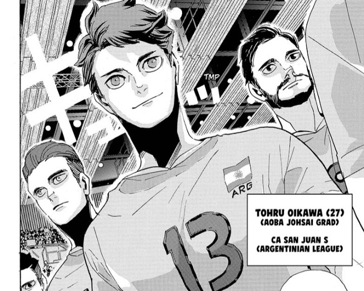 The significance of #13 to Oikawa Tooru. His first appearance was in chapter 13. Then on his first practice match against Karasuno he wore a #13 jersey. And now his ARG jersey is #13 which was José Blanco's jersey number, his inspiration who roused him to become a setter.