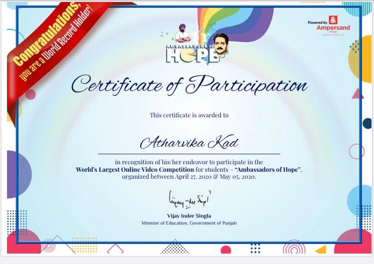 Atharvika Kad ,Grade 7 ,Saffron Public School,Phagwara,Punjab 🌸Proud to be a part of #AmbassadorsOfHope