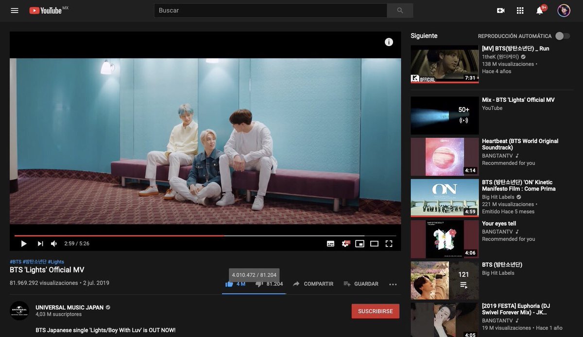 WOAS_chart's tweet photo. On July 19,2020 #BTS 'Lights' MV reached 4M likes on Youtube 🎊

Congratulations @BTS_twt 💜

🔗https://t.co/Rwf5i9kmNm https://t.co/mm36JX4kJW