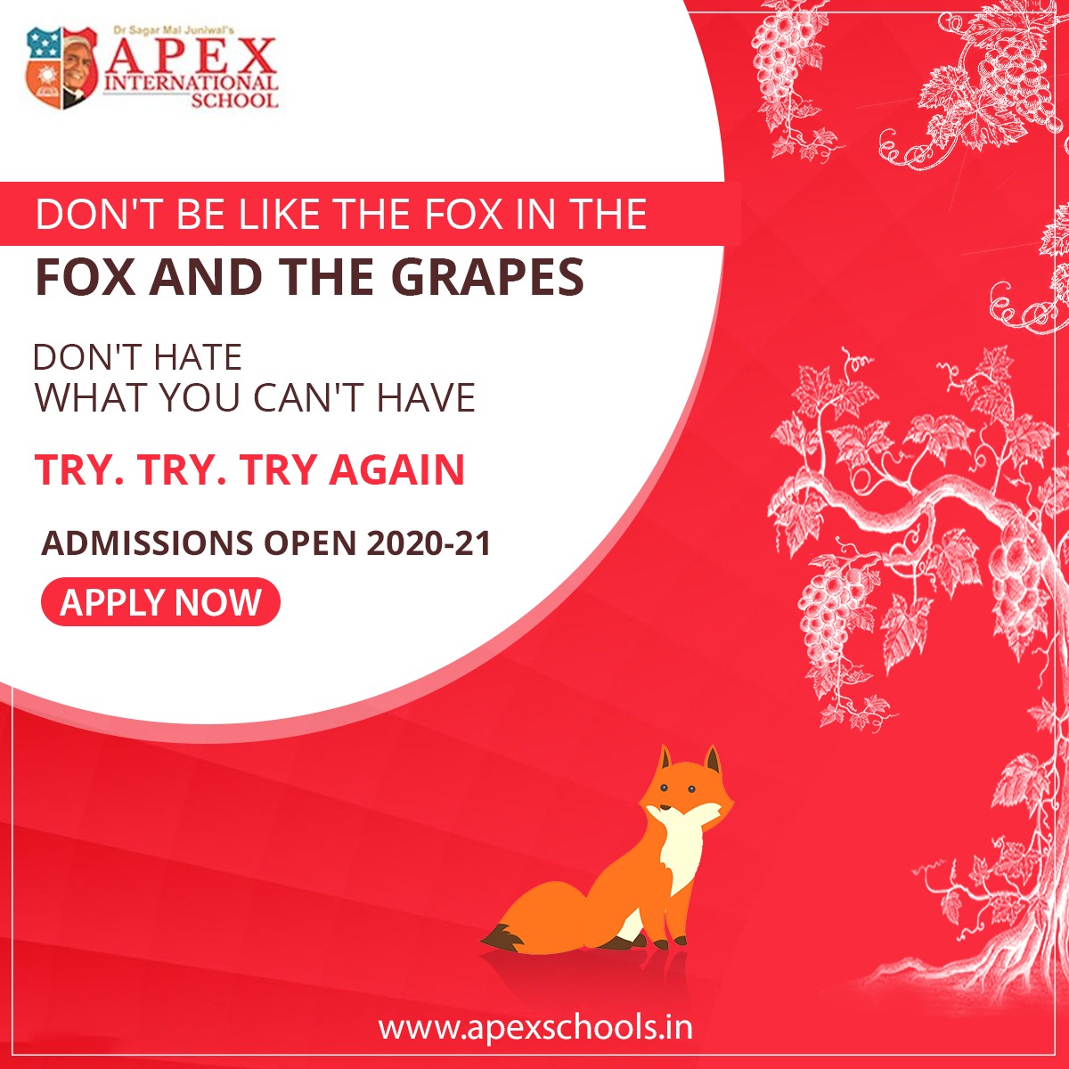 apexINTschool's tweet photo. At #ApexInternationalSchool we teach our students to never give up. They learn to try, fail and then try again. This approach makes it easy for us to get them ready for their future endeavours.

Admissions Open for session 2020-21

#foxandgrapes #fables #aesopfables #future https://t.co/DxDreEQ2wy