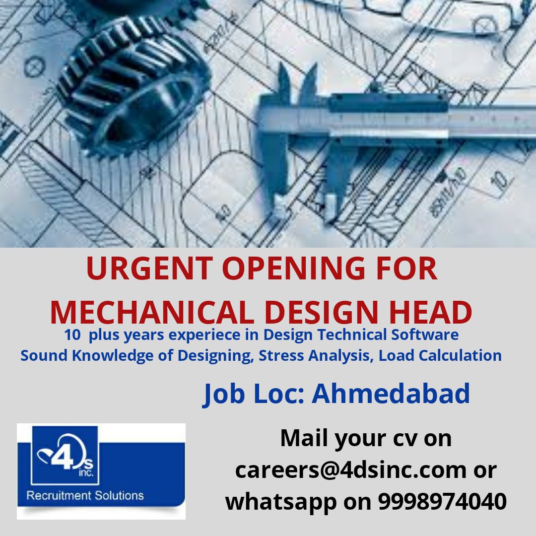 4dsInc's tweet photo. #job #alert #mechanical #design #head #ahmedabad 

Apply on careers@4dsinc.com
#Engineering #jobs #ahmedabadjobs #designing #stress #analysis #bending #load #calculation #autocad #creo #solidworks #2ddrafting #3dmodeling #mechanicaljobs https://t.co/zKQf279qt3