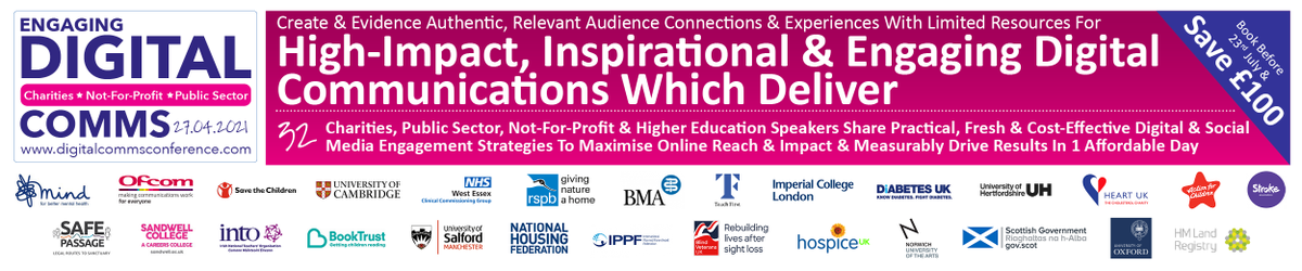 DigCommsConf's tweet photo. Today is your last chance to save £100 and discover fresh digital comms that will stand out on every feed! Join 32 charities and not-for-profit organisations as they tackle your biggest challenges at The Engaging Digital Comms Conference on 27.4! Book now: https://t.co/9bxvowhav7 https://t.co/Ep5XDPGDyH