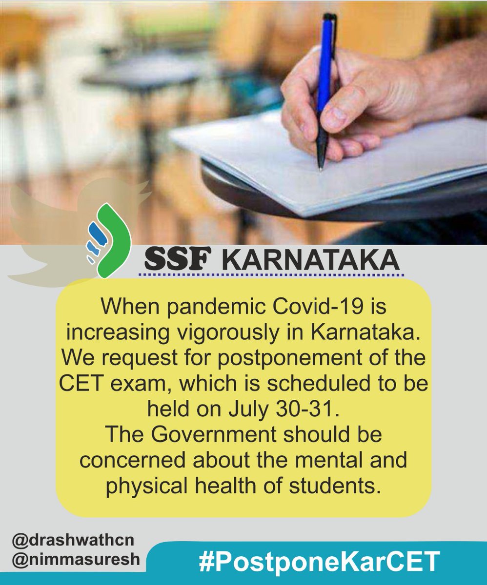 BelandoorHameed's tweet photo. ಕರ್ನಾಟಕದಲ್ಲಿ ಕೊರೋನಾ ಮಹಾಮಾರಿಯ ಪಿಡುಗು ದಿನದಿಂದ ದಿನಕ್ಕೆ ಹೆಚ್ಚುತ್ತಿರುವ ಸಂದರ್ಭದಲ್ಲಿ ಜುಲೈ 30, 31ರಂದು ನಡೆಯಲಿರುವ ಸಿಇಟಿ ಪರೀಕ್ಷೆಯನ್ನು ಮುಂದೂಡಬೇಕಾಗಿ ವಿನಂತಿ‌. ವಿದ್ಯಾರ್ಥಿಗಳ ಮಾನಸಿಕ ಮತ್ತು ದೈಹಿಕ ಆರೋಗ್ಯದ ಬಗ್ಗೆ ಸರ್ಕಾರ ಹೆಚ್ಚಿನ ಆದ್ಯತೆ ನೀಡಬೇಕು.

SSF Karnataka

@drashwathcn @nimmasuresh 
#PostponeKarCET https://t.co/98rvpXROZl