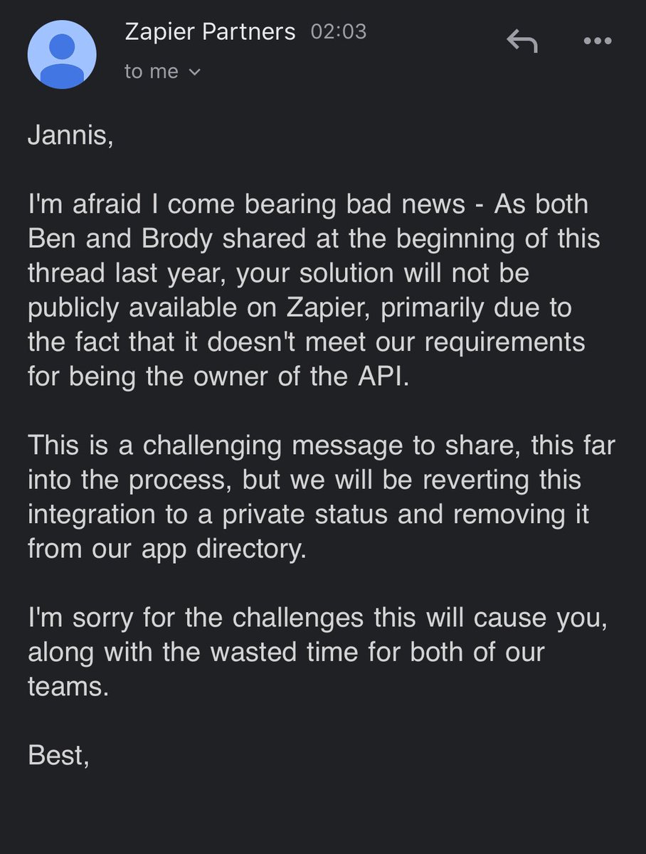 wp_webhooks's tweet image. Is this really the way how you want to treat your customers @zapier? Immediately removing an active app without any prior notice is simply unethical and disrespectful to either us and every customer who pays for your service and uses our app.
#byebyewpwebhooks