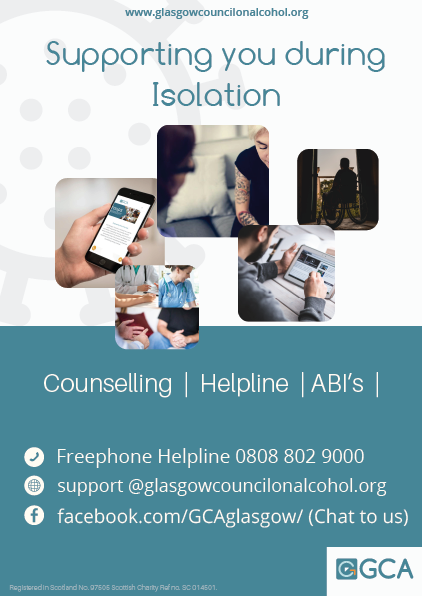 GCAglasgow's tweet photo. Have you been drinking more in isolation? Did you know that you can refer yourself for alcohol counselling on our Freephone Helpline number 0808 802 9000 or online. https://t.co/oOA7tBoyg5 https://t.co/Pq68Qpg3Nk