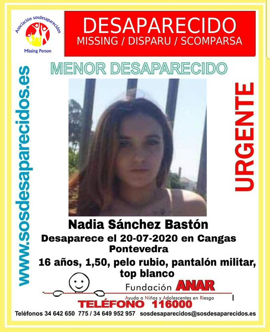 guardiacivil's tweet photo. 🆘#URGENTE ⚠#AlertaDesaparición

Nadia, tiene 16 años y ha #desaparecido en #Cangas #Pontevedra

Ayúdanos ¿tienes información? llama:
📞062 📞091 📞112

#Colabora ¡Haz RT! puedes ayudar mucho. https://t.co/DyQpTxflKR