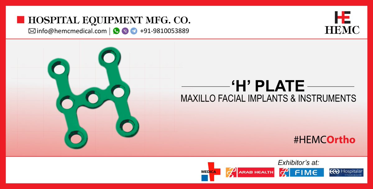 HemcOrtho's tweet image. #HEMCMedical is one of the popular manufacturers and exporters of high quality #MaxillofacialImplants and #InstrumentSet from India. We offer #ContinuousHolePlate, #OrbitalPlate, #CurvedPlate, #HPlate, #IPlate at very good rates. hemcortho.com/product-catego…
#HEMCOrtho, #HEMCIndia