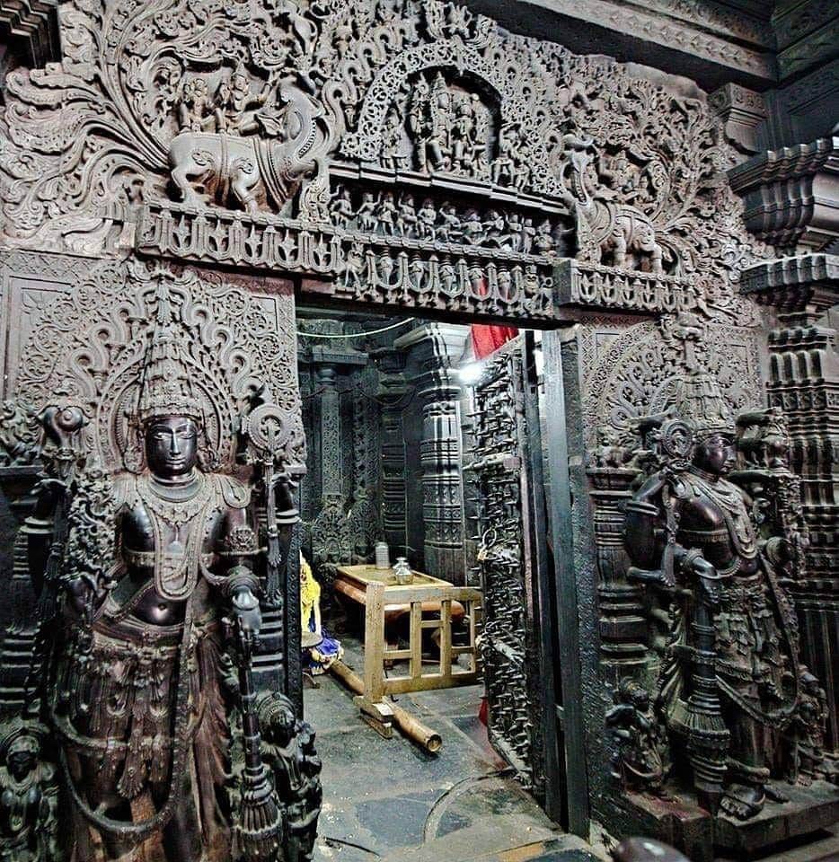 Our temple's are the living pages from our heritage and history. We must reclaim and rebuild all templesThis is the Interior view of the main shrine of god Vishnu Chennakeshava temple, Belur Karnataka, India. Ornate doorjamb lintel and guardians Jaya and Vijaya, is clearly seen