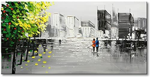 Winpeak Hand Painted Black and White Cityscape 3D Oil Painting on Canvas with Green Yellow Tree Wall Art City Artwork livingroomtable.co/winpeak-hand-p…