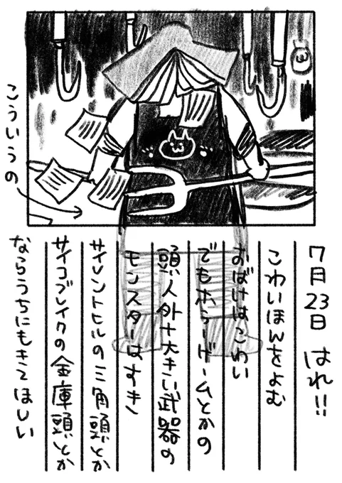 22日目 ホラーゲームの人外頭巨大武器持ち重量系モンスターはたまりません!
#絵日記 