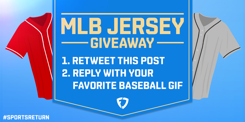 FanDuel's tweet photo. We’re pumped about #OpeningDay and #SportsReturn so we’re giving away a FREE MLB jersey of your choice 😮

1. RT this post
2. REPLY with your favorite baseball GIF

The winner will be selected on 7/24.
Rules: https://t.co/O3vBv4PhBF https://t.co/QAkVjzVuy8