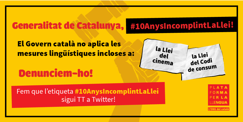 neusmestres's tweet photo. Fa 10 anys que es van aprovar la llei de consum i la llei de cinema. Com pot ser que ens costi esforços i sacrificis anar a veure cinema en català? Per què serveix aprovar lleis si després no les fa complir ni el 
@govern
? #10AnysIncomplintLaLlei https://t.co/xHZDgArFar