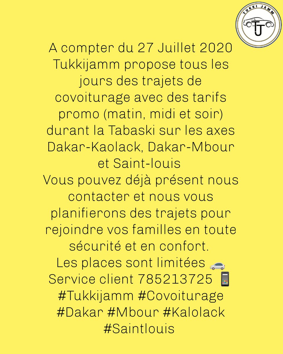 tukkijamm's tweet photo. Hello la communauté!
Tukkijamm vous propose des trajets interurbains avec des tarifs promo pour rejoindre vos familles si jamm durant la fête de Tabaski
Attention les places sont limitées 🚗
#Tukkijamm #Covoiturage #Tabaski #Regions #Interurbain https://t.co/ZFXhjzirEz