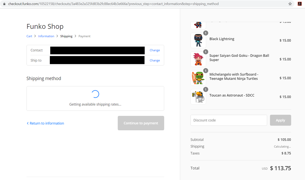 GuichoVillegas's tweet photo. @funko I didn't get any mail confirming my order. I don't see my order on my history either. Does it mean my purchase didn't went through? I took screenshots of the process although Goku and BL were sold out before my payment. https://t.co/M8G99oeTxm