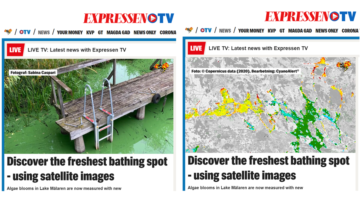 eirini_politi's tweet photo. Who are you gonna call? #CyanoAlert Well, we may not have Proton Packs ;-) but we have a shiny new Viewer and a free public (Android) App (https://t.co/lXDLviaQAy). See any green water? Report it! [Images showing a Swedish National Newspaper coverage] https://t.co/2CbncFBQYQ
