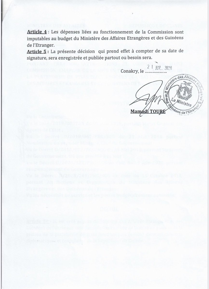 🔴 Plateforme e-visas
Une commission est mise en place 🔻
S.E.M. Mamadi TOURÉ, Ministre des Affaires Étrangères a annoncé la création d’une commission chargée de la mise en place et de la gestion de la plateforme des visas électroniques, e-visa, du Ministère. ➡️ Attributions 👇