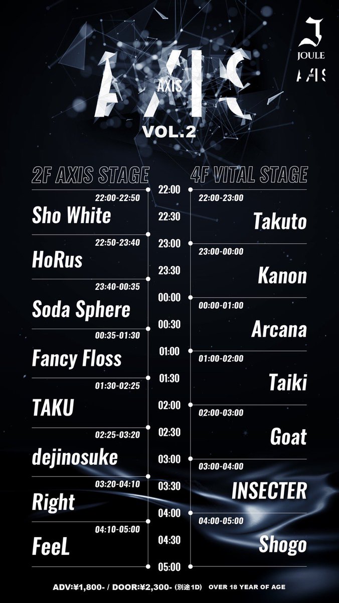 axis_from_atg's tweet photo. 🚨Joule Presents AXIS vol.2🚨

遂に明日開催となります！

豪華DJが揃い踏み！
openからcloseまで
目一杯楽しめるイベントです！

マスク着用必須となりコロナ対策も万全！
@club_joule でお待ちしております🙌

7/24(FRI) OPEN 22:00
ADV:¥1,800 / DOOR:¥2,300-(別途1D)
18歳以上入場可能 https://t.co/bvTRbqrrmd