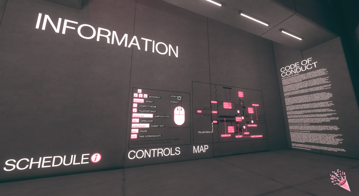 Once you arrive inside of the building you have a lot of indications on where to go while keeping it exciting to explore. There is also the festival code of conduct on the well and some instruction on "how to play/navigate" the space. Simple and clear.