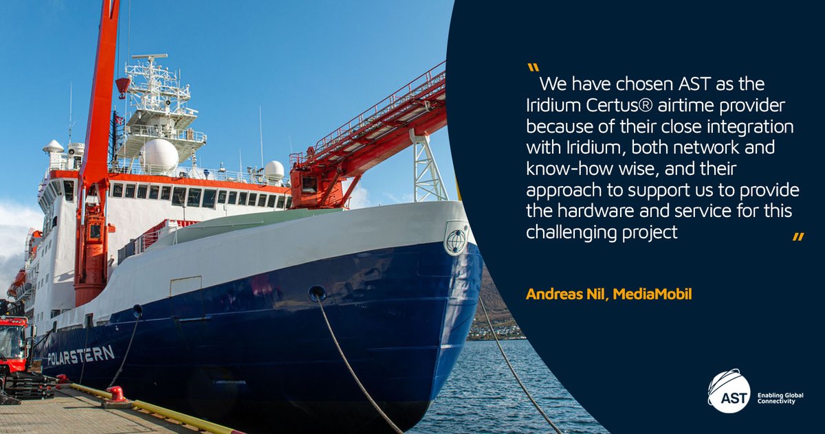 ASTNetworks's tweet photo. Alongside our partner Media Mobil  in Germany, we provided #IridiumCertus® for research icebreaker, Polarstern – the largest Arctic expedition in history to track a full annual cycle of the drifting polar ice to better understand #climatechange >> https://t.co/iM17KGmIOv https://t.co/u3oQCW3LbB