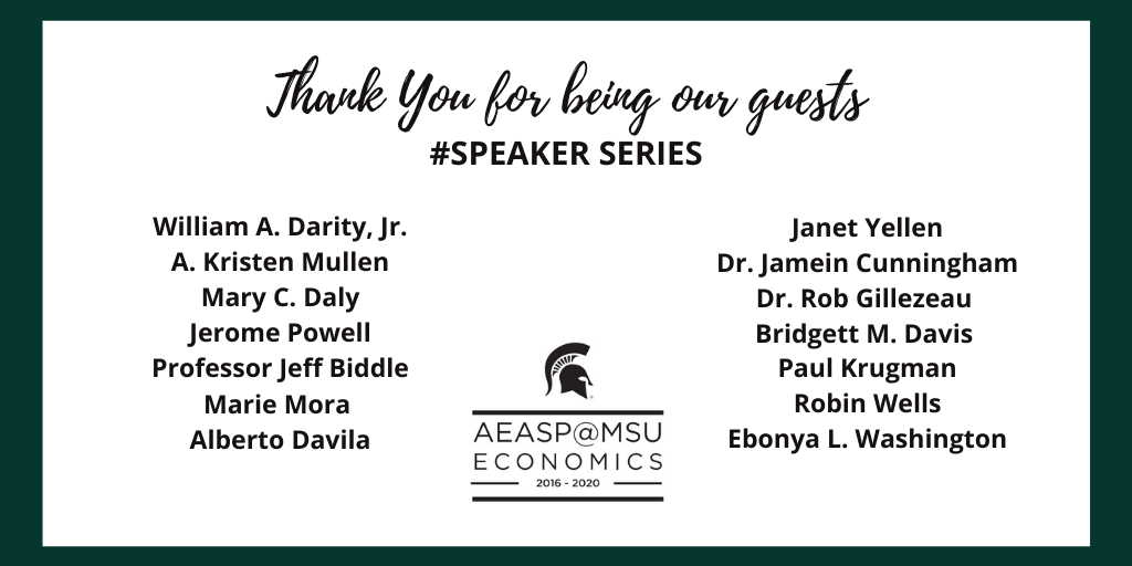 AEASPmsu's tweet photo. The AEA Summer Program would like to thank all of our distinguished guests. #AEASP20 #SpeakerSeries #SummerOfEcon @michiganstateu @MSU_SocSci #FutureEconomists #Welooklikeeconomists @paulkrugman @bridgettmdavis @robgillezeau @DrJPCunningham @AlbertoDavilaU @Marietmora https://t.co/HcQISmHQwg