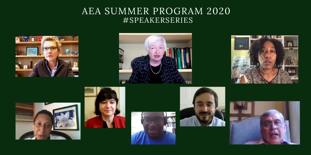AEASPmsu's tweet photo. The AEA Summer Program would like to thank all of our distinguished guests. #AEASP20 #SpeakerSeries #SummerOfEcon @michiganstateu @MSU_SocSci #FutureEconomists #Welooklikeeconomists @paulkrugman @bridgettmdavis @robgillezeau @DrJPCunningham @AlbertoDavilaU @Marietmora https://t.co/HcQISmHQwg