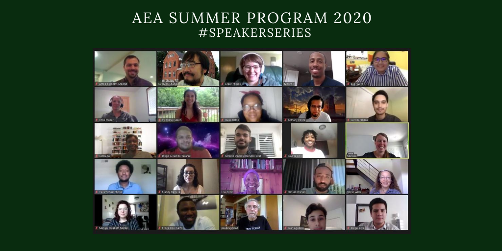 AEASPmsu's tweet photo. The AEA Summer Program would like to thank all of our distinguished guests. #AEASP20 #SpeakerSeries #SummerOfEcon @michiganstateu @MSU_SocSci #FutureEconomists #Welooklikeeconomists @paulkrugman @bridgettmdavis @robgillezeau @DrJPCunningham @AlbertoDavilaU @Marietmora https://t.co/HcQISmHQwg